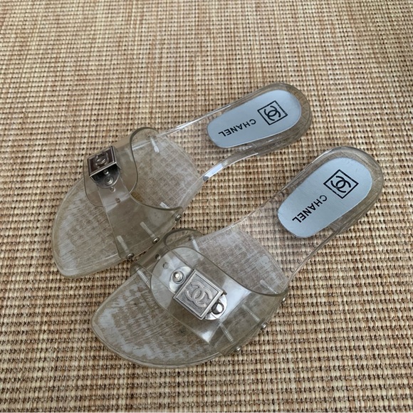 Vintage Chanel 2005 CC Logo Clear Jelly Transparent Clog Mule Slide Sandals - Picture 1 of 9